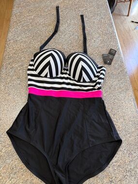 torrid Black White Striped One-Piece Swimsuit with Hot Pink Band